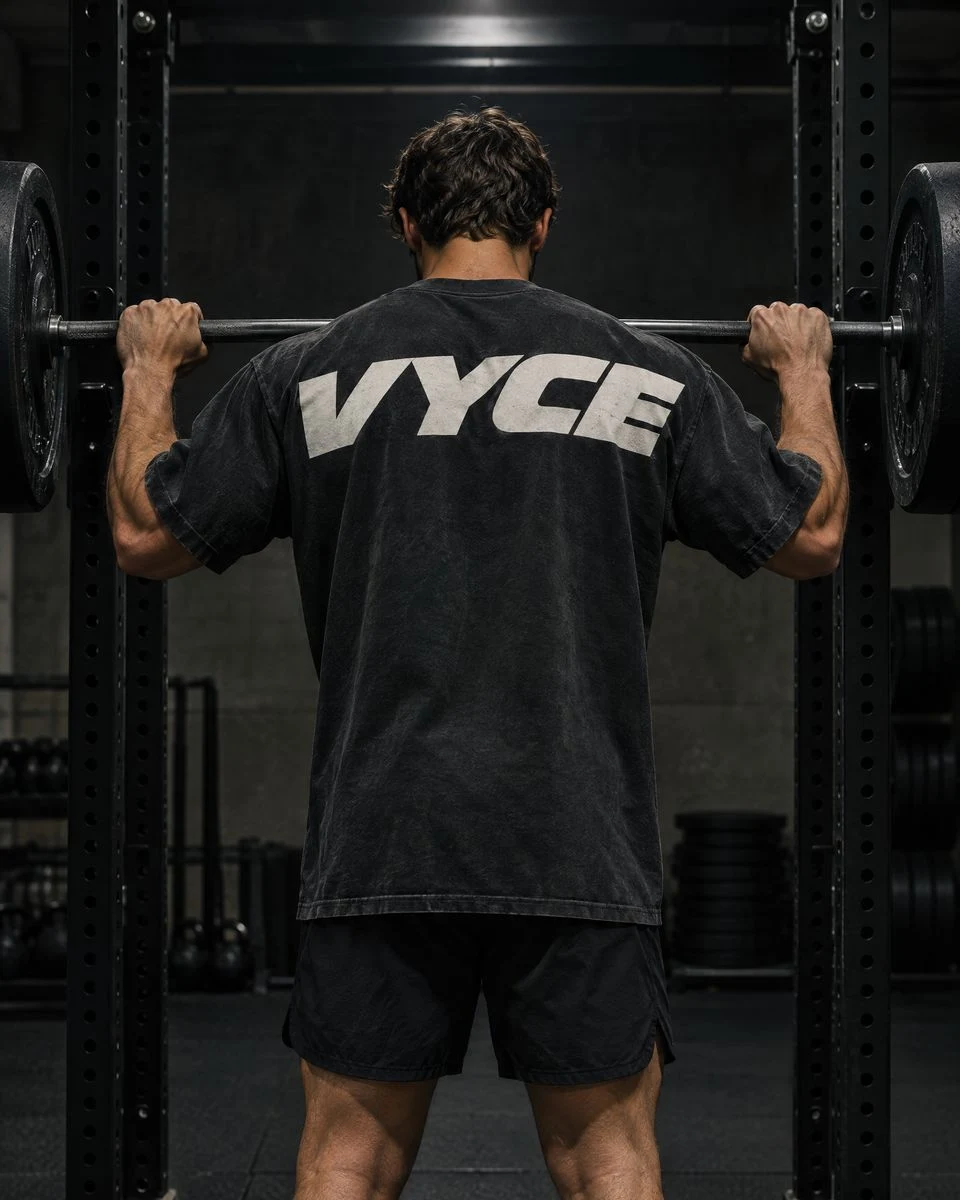 Athlete seen from behind under a loaded barbell in a squat rack, wearing a washed black tee with a large bone VYCE wordmark across the back